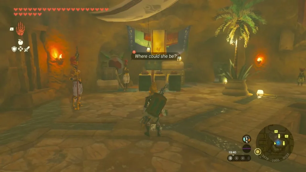 Cara behind the jewelry stall in the Gerudo Shelter, marked as a quest giver Cara behind the jewelry stall in the Gerudo Shelter, marked as a quest giver