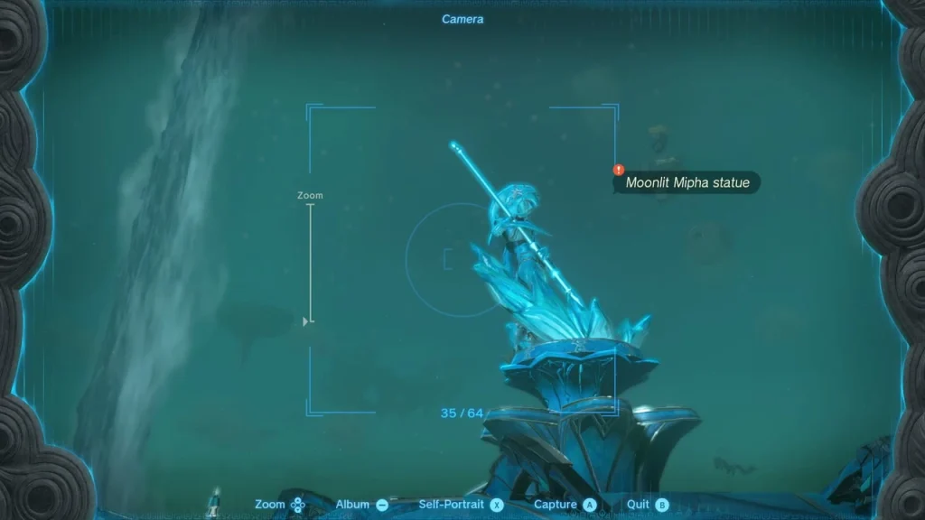 Camera view framing the Mipha statue, labelled Moonlit Mipha statue Camera view framing the Mipha statue, labelled Moonlit Mipha statue