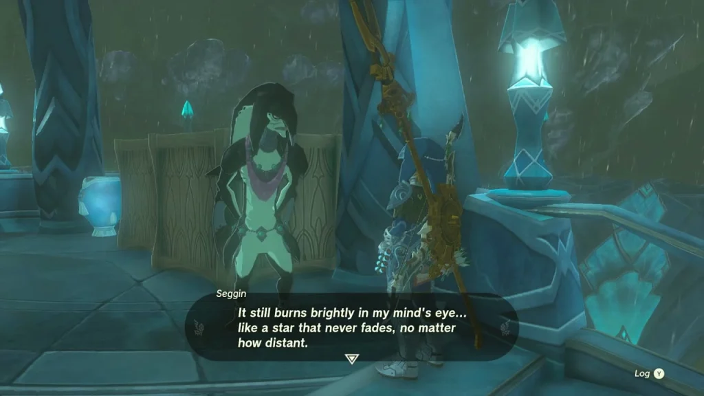 Seggin beside the crates and lanterns, the Zora who asks for a picture of Mipha Seggin beside the crates and lanterns, the Zora who asks for a picture of Mipha