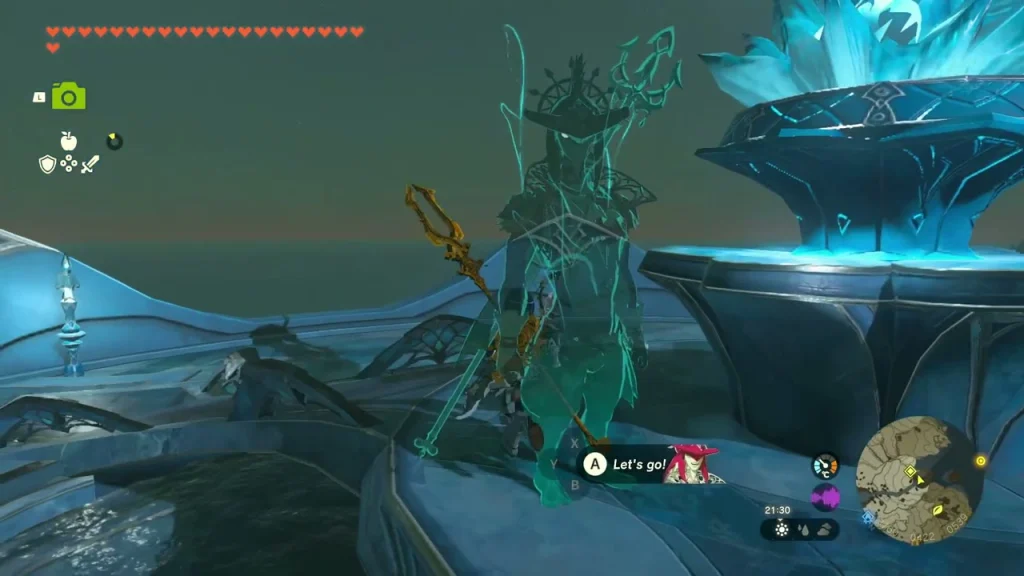 Glowing blue Mipha statue on its fountain platform at night Glowing blue Mipha statue on its fountain platform at night