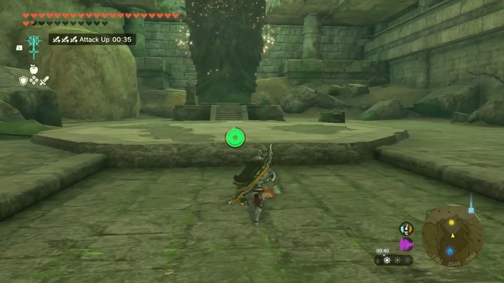 Ruined stone courtyard of the Forgotten Temple with a raised platform ahead