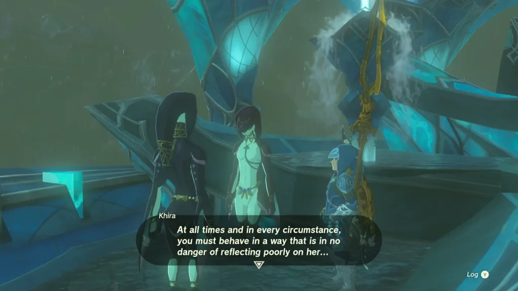 Chroma and Khira, two Zora in dark robes, talking beside the throne room waterfall