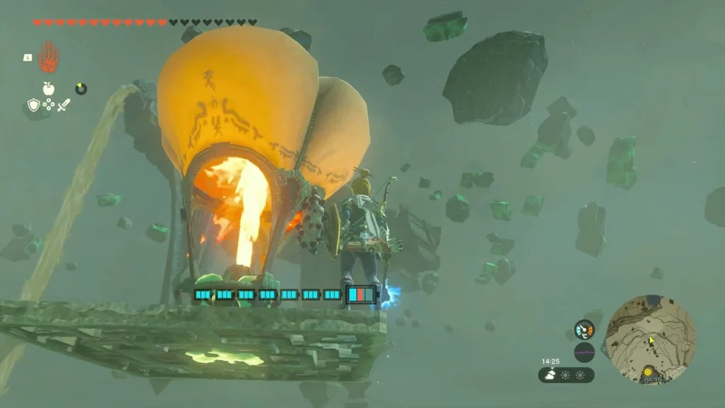 Zonai hot-air balloon with a lit Flame Emitter rising toward the sky islands
