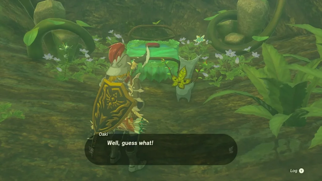Oaki standing beside a green leaf bundle inside the Great Deku Tree's mouth Oaki standing beside a green leaf bundle inside the Great Deku Tree's mouth