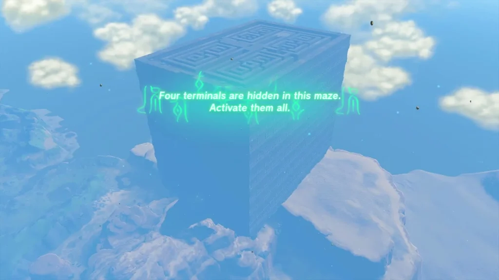 Giant maze cube floating in the sky with text that four terminals are hidden inside