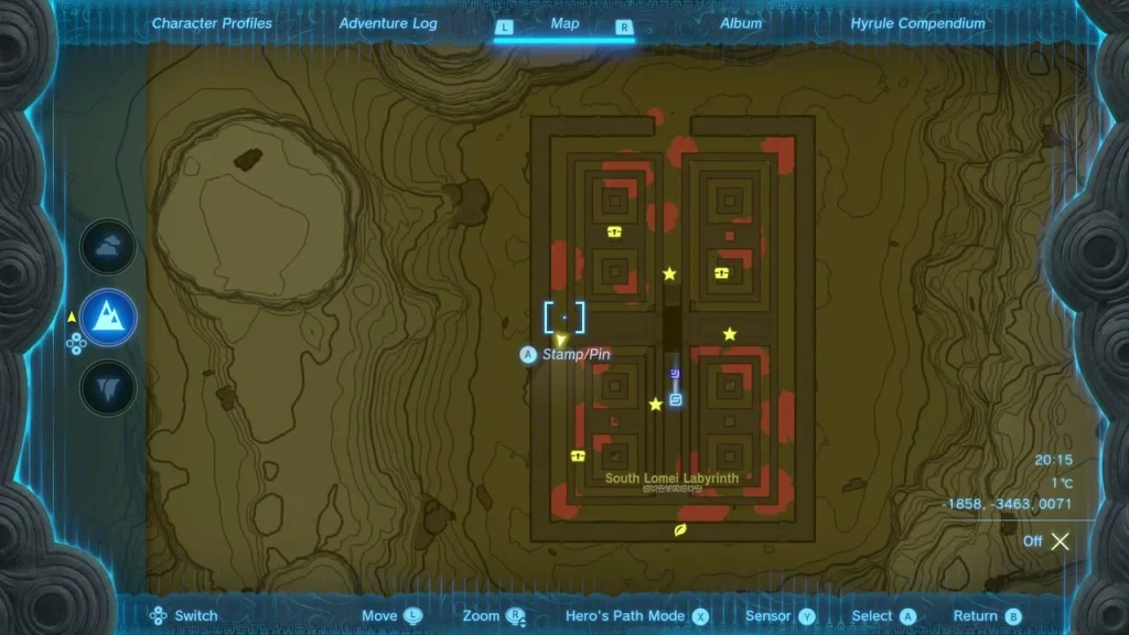 Map of the South Lomei Labyrinth surface maze with its red walls