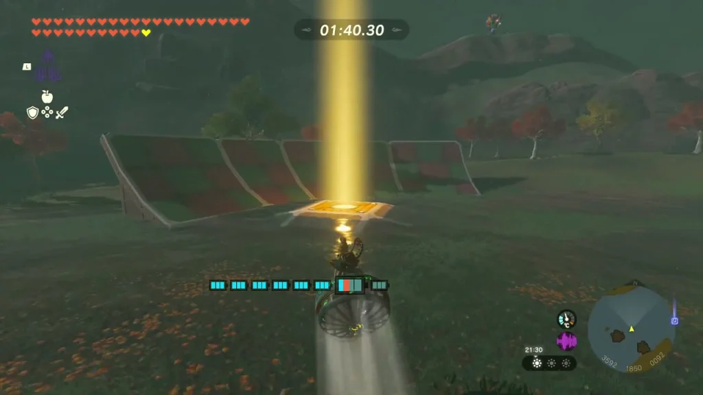 Hover vehicle approaching a yellow light beam on the course with a race timer showing Hover vehicle approaching a yellow light beam on the course with a race timer showing