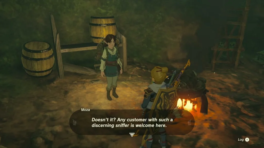Moza standing by a campfire and barrels in her restaurant at the bottom of the well Moza standing by a campfire and barrels in her restaurant at the bottom of the well