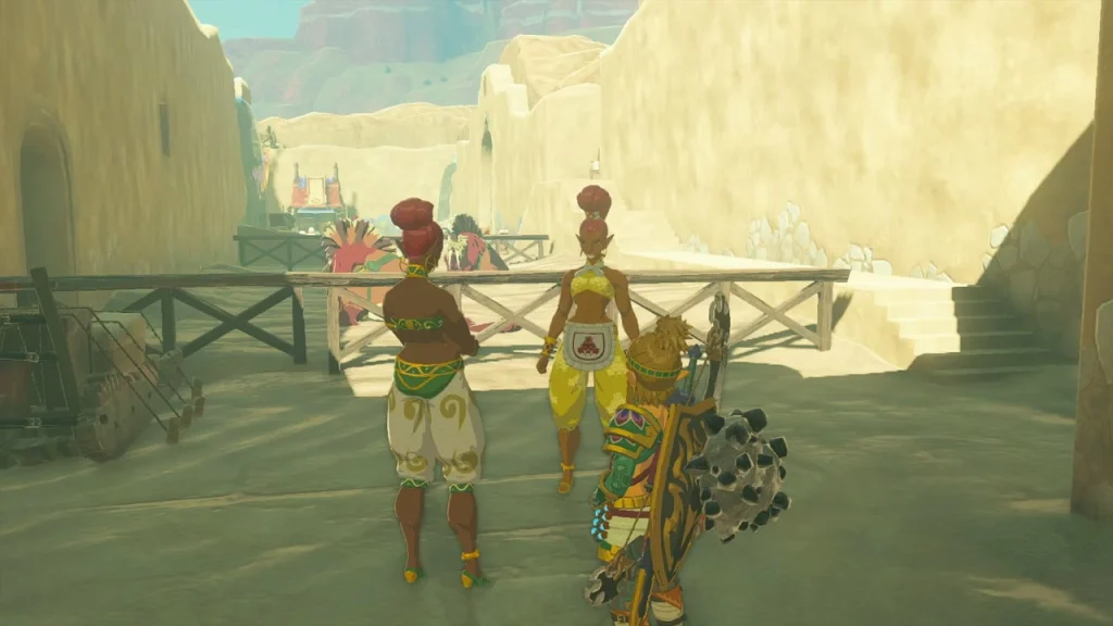 Pokki and a Gerudo woman near the sand seal rental area