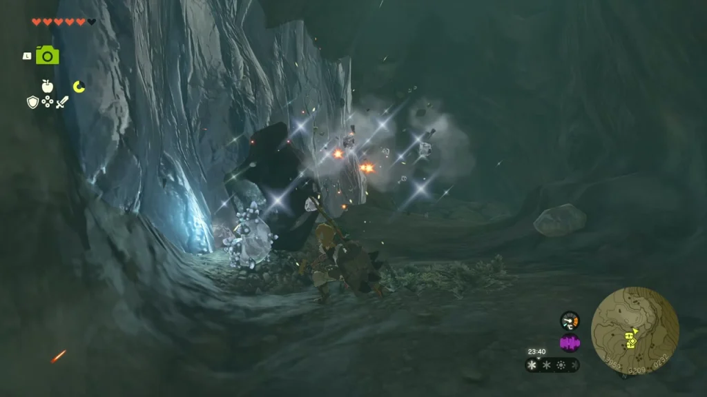 Breakable rocks and sparkling crystal fragments in the narrow cave tunnel Breakable rocks and sparkling crystal fragments in the narrow cave tunnel