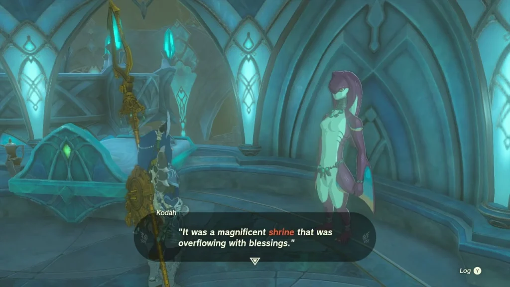 Kodah, a purple-haired Zora, talking in the inn
