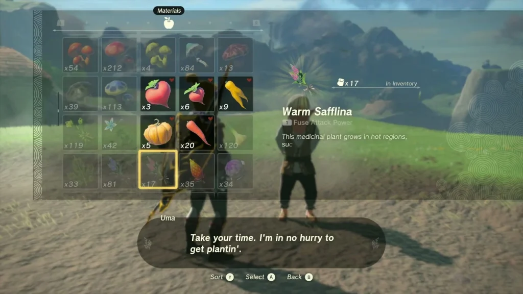 Materials screen listing crops that can be given to Uma to plant Materials screen listing crops that can be given to Uma to plant