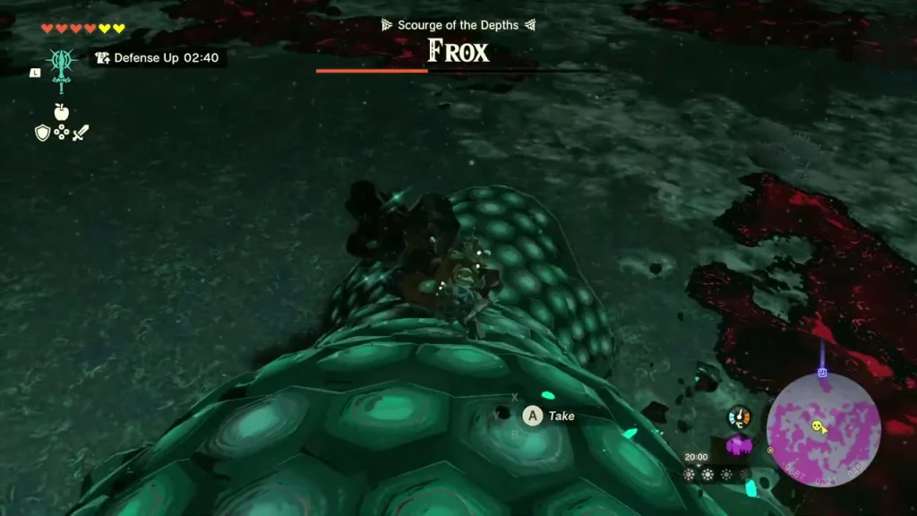 Frox's back covered in glowing green Zonaite deposits in the Depths Frox's back covered in glowing green Zonaite deposits in the Depths