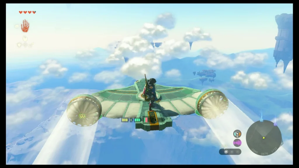 Winged flyer with fan thrust crossing open sky toward a large floating island Winged flyer with fan thrust crossing open sky toward a large floating island