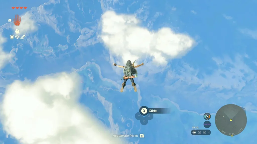 Glider prompt above a cloud bank as the traveller falls toward the sky islands Glider prompt above a cloud bank as the traveller falls toward the sky islands