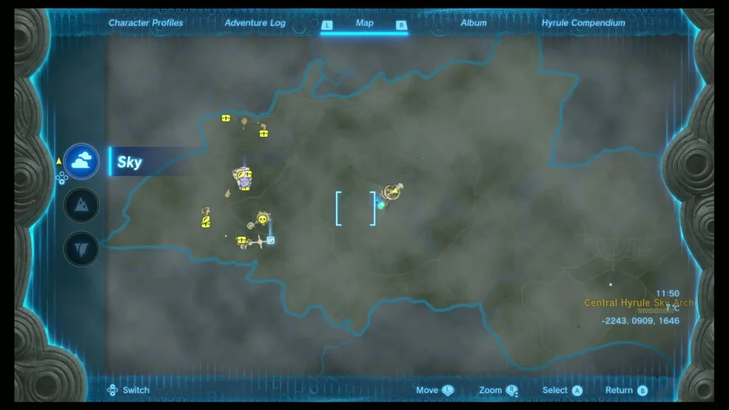 Sky layer of the map with dark cloud cover and a few discovered towers and shrines marked Sky layer of the map with dark cloud cover and a few discovered towers and shrines marked
