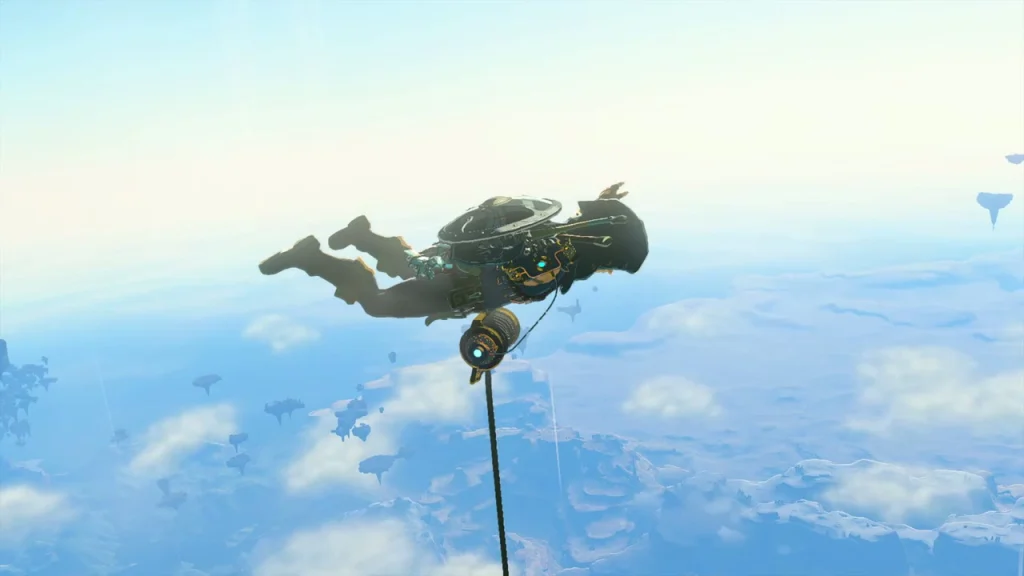 Traveller soaring off the top of a Skyview Tower above a sea of clouds with floating islands on the horizon Traveller soaring off the top of a Skyview Tower above a sea of clouds with floating islands on the horizon