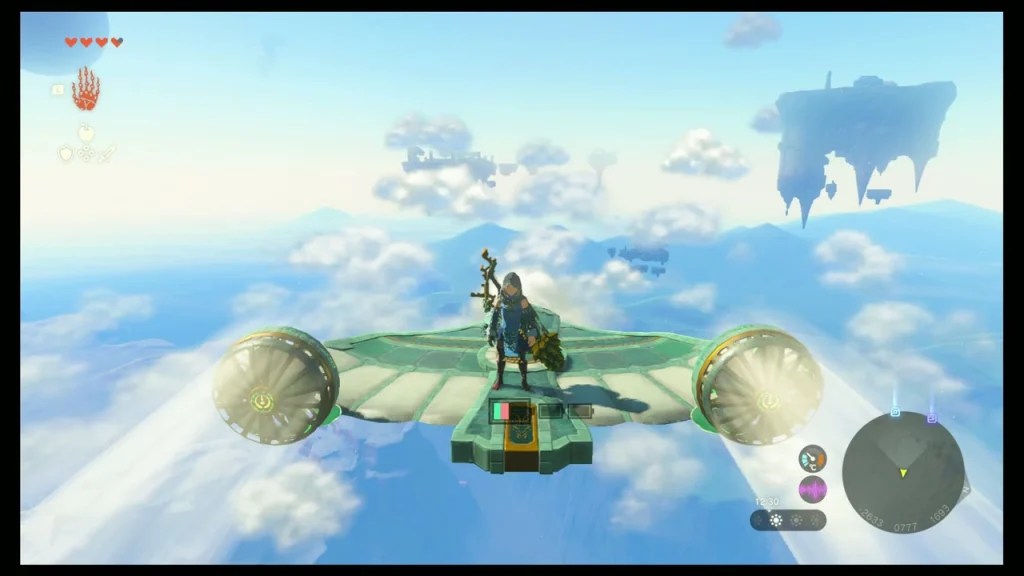 Green winged Zonai flyer carrying a rider through the clouds with two glowing fans at its sides Green winged Zonai flyer carrying a rider through the clouds with two glowing fans at its sides
