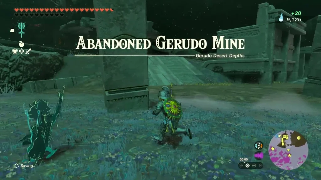 Abandoned Gerudo Mine location title over the dark ruined approach Abandoned Gerudo Mine location title over the dark ruined approach