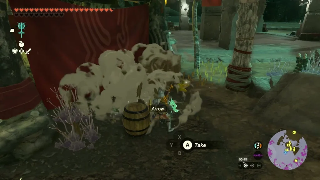 Breakable crate inside a Yiga camp with a barrel of arrows to take Breakable crate inside a Yiga camp with a barrel of arrows to take