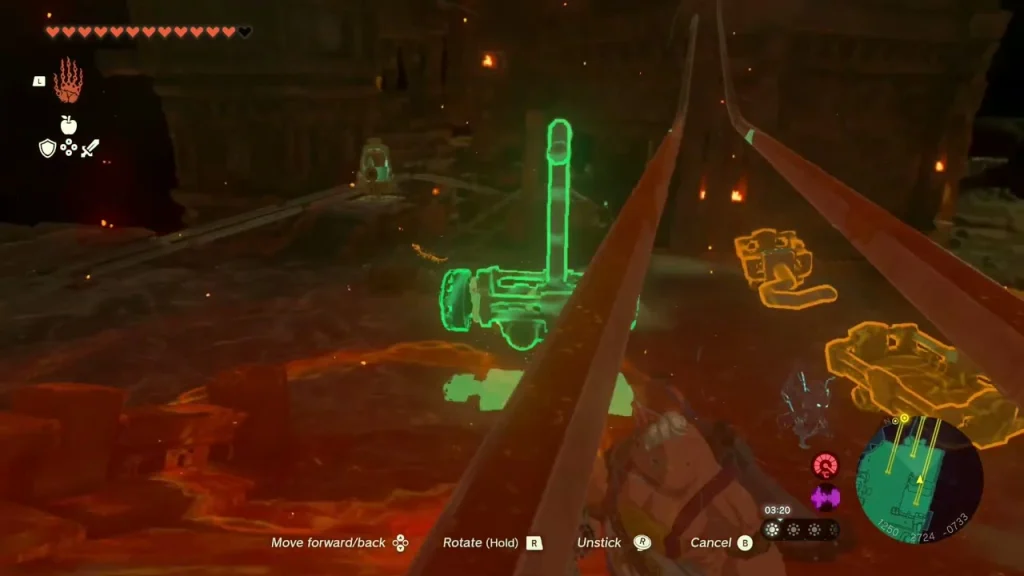 Bridge beams and a Zonai device outlined over lava Bridge beams and a Zonai device outlined over lava