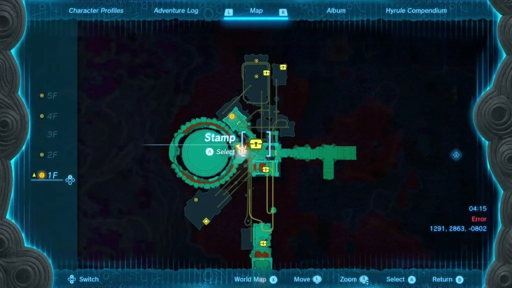 Temple floor map on 1F showing the central chamber and gong markers Temple floor map on 1F showing the central chamber and gong markers