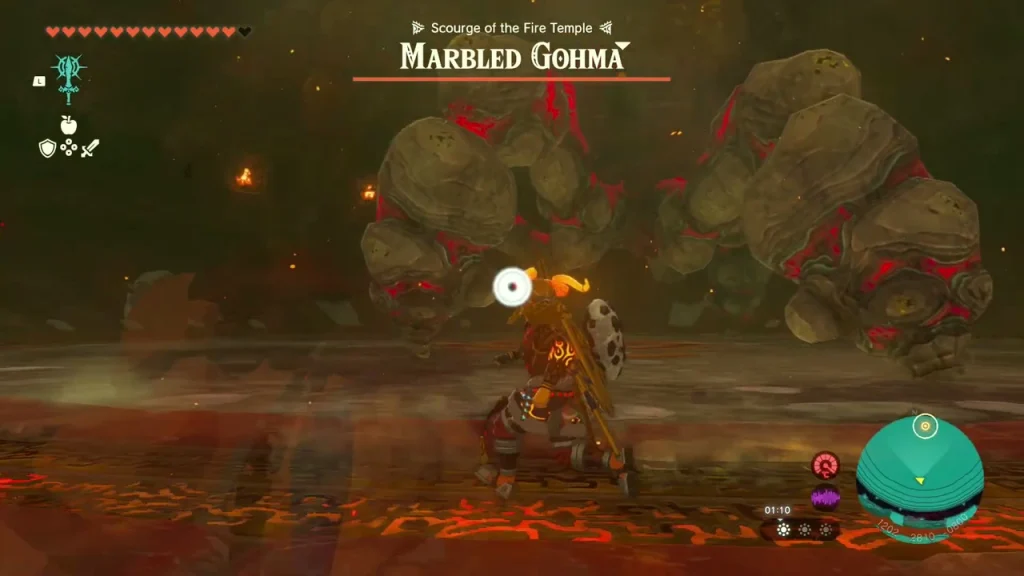 Marbled Gohma's rocky legs towering in the dome arena Marbled Gohma's rocky legs towering in the dome arena