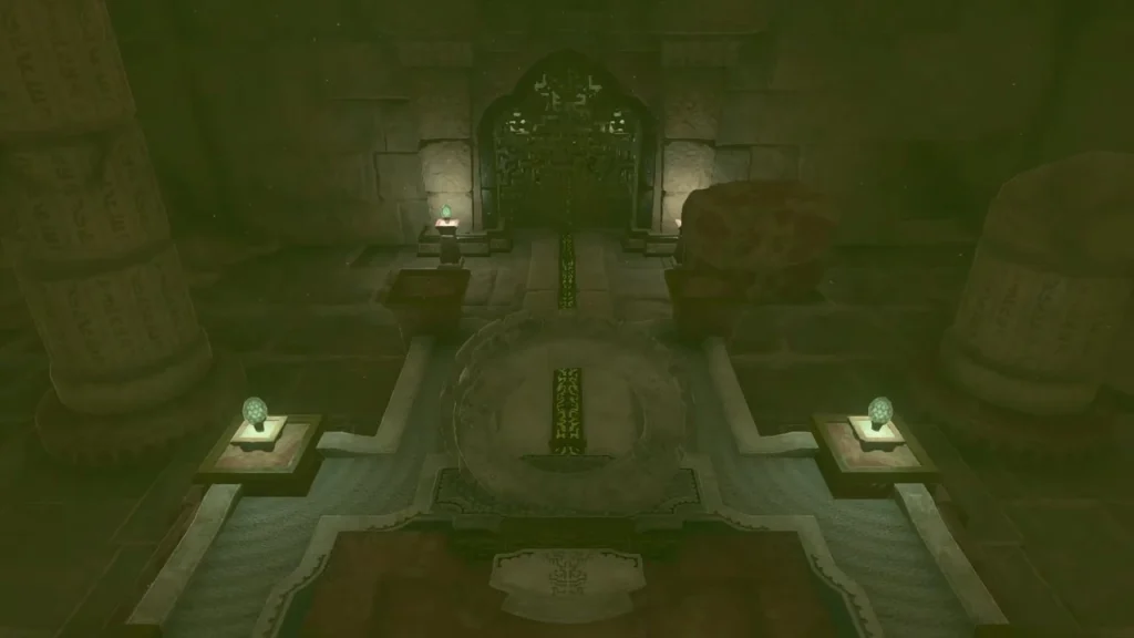 Opened doorway with two glowing egg lamps leading to the battery Opened doorway with two glowing egg lamps leading to the battery