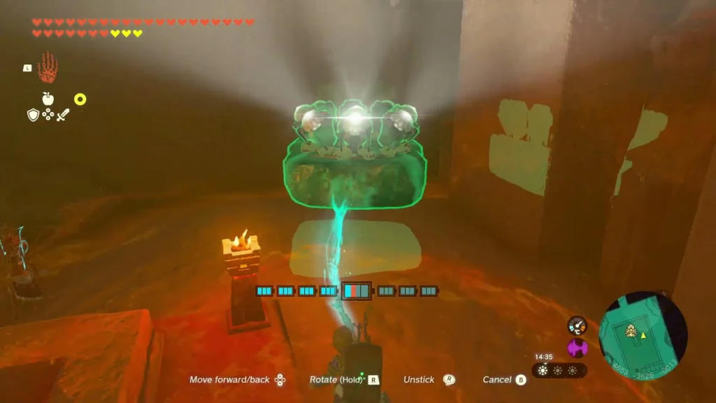 Mirror held up with Ultrahand over a lava floor, beam shining on it from above Mirror held up with Ultrahand over a lava floor, beam shining on it from above