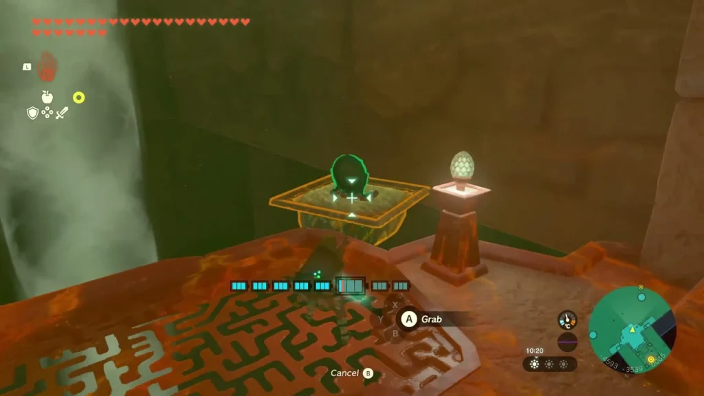 Mirror platform grabbed near a lit torch and an egg lamp beside a light shaft Mirror platform grabbed near a lit torch and an egg lamp beside a light shaft