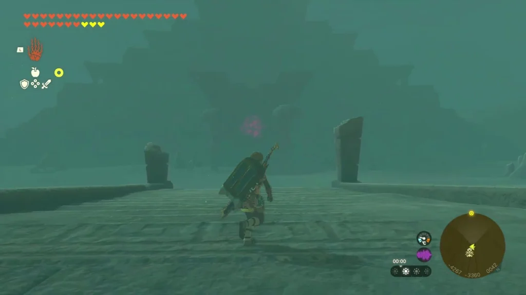Two red pillars flanking the path toward the buried temple in the sandstorm Two red pillars flanking the path toward the buried temple in the sandstorm