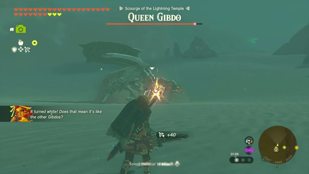Arrow hitting Queen Gibdo inside the glowing field as her armor turns white Arrow hitting Queen Gibdo inside the glowing field as her armor turns white