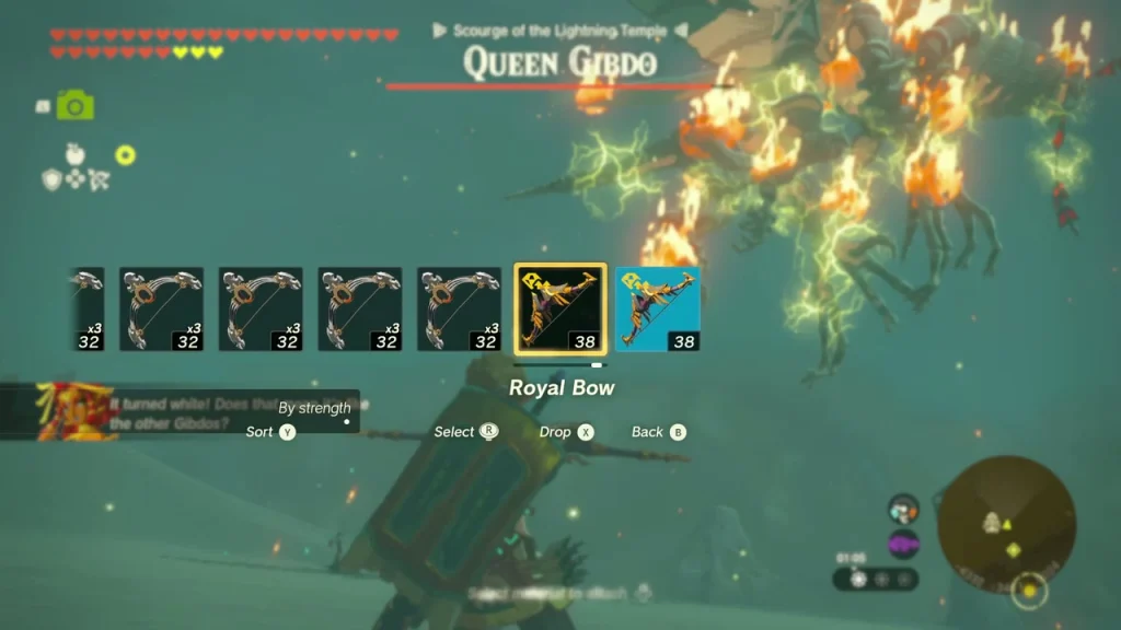 Arrow selection wheel with Queen Gibdo and burning Gibdos behind it Arrow selection wheel with Queen Gibdo and burning Gibdos behind it