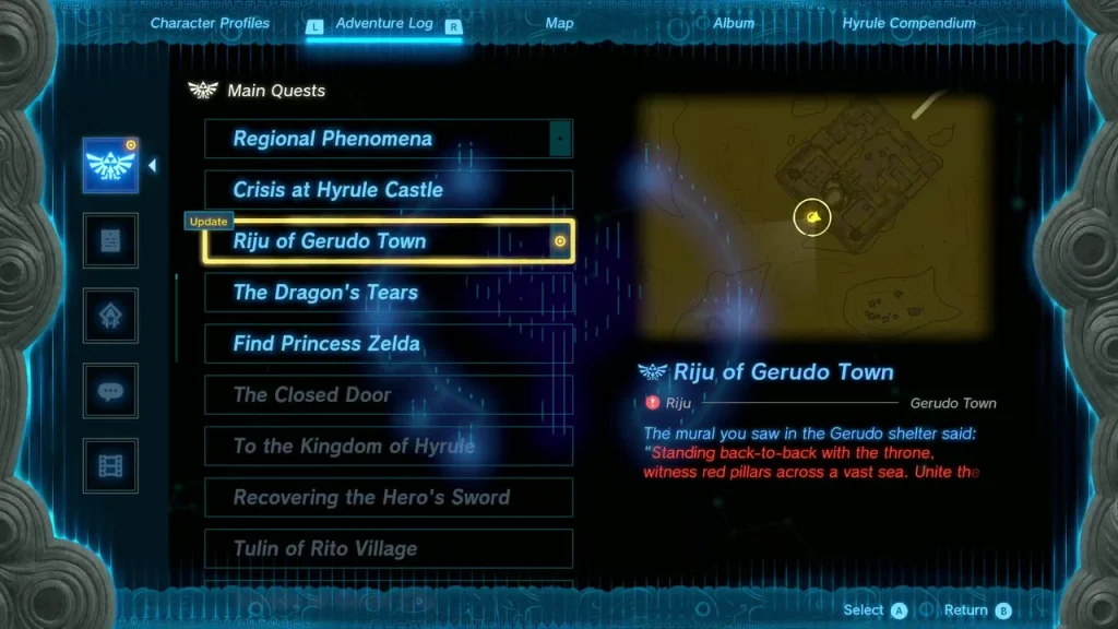 Quest log entry quoting the mural: red pillars standing back-to-back across a vast sea Quest log entry quoting the mural: red pillars standing back-to-back across a vast sea