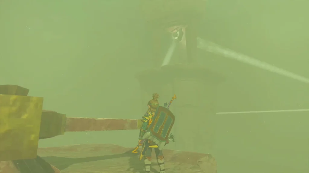 Long mirror arm on the tower with a pale beam leaving it across the sandstorm Long mirror arm on the tower with a pale beam leaving it across the sandstorm
