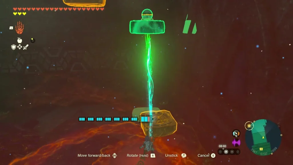 Stone ball held with Ultrahand and a Hover Stone above lava-lit floor Stone ball held with Ultrahand and a Hover Stone above lava-lit floor