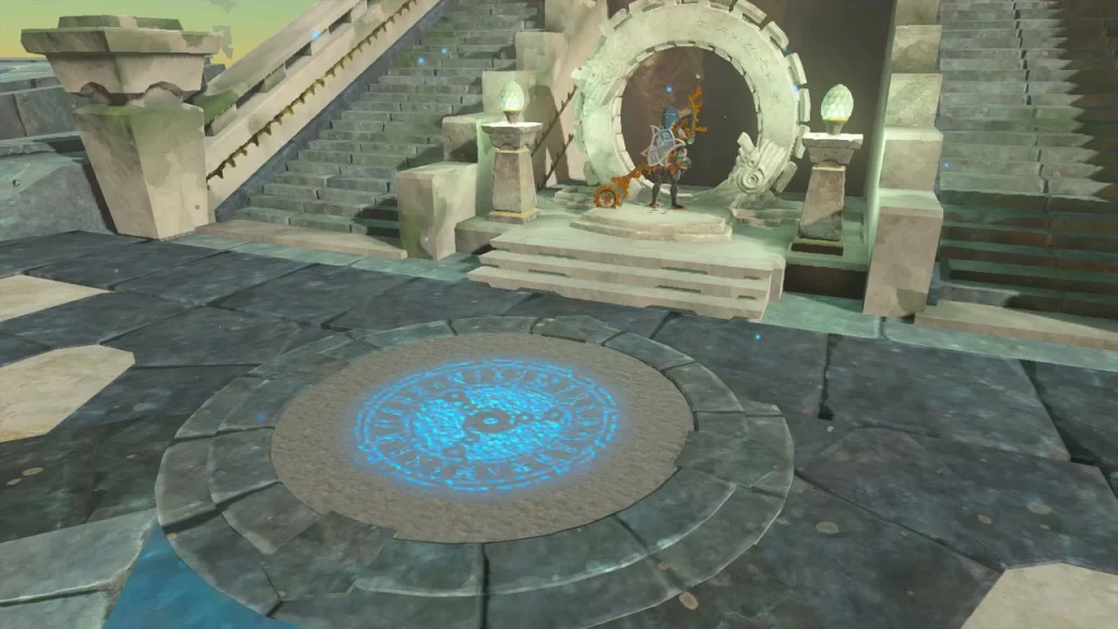 Blue travel point circle on the floor before the entrance gate Blue travel point circle on the floor before the entrance gate