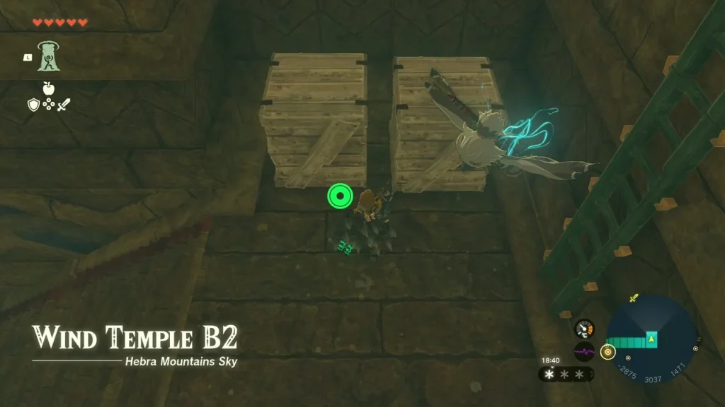 Ladder down into Wind Temple B2 with wooden crates ahead Ladder down into Wind Temple B2 with wooden crates ahead