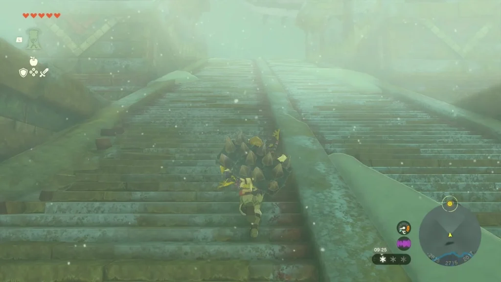Long sloped stone ramp on a floating platform in the fog Long sloped stone ramp on a floating platform in the fog