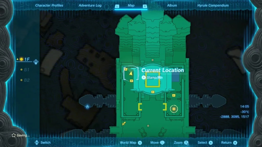 Temple map on 1F with floor tabs for 1F, B1 and B2 Temple map on 1F with floor tabs for 1F, B1 and B2