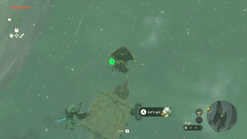 Link gliding with Tulin beside a broken floating ruin in the blizzard Link gliding with Tulin beside a broken floating ruin in the blizzard