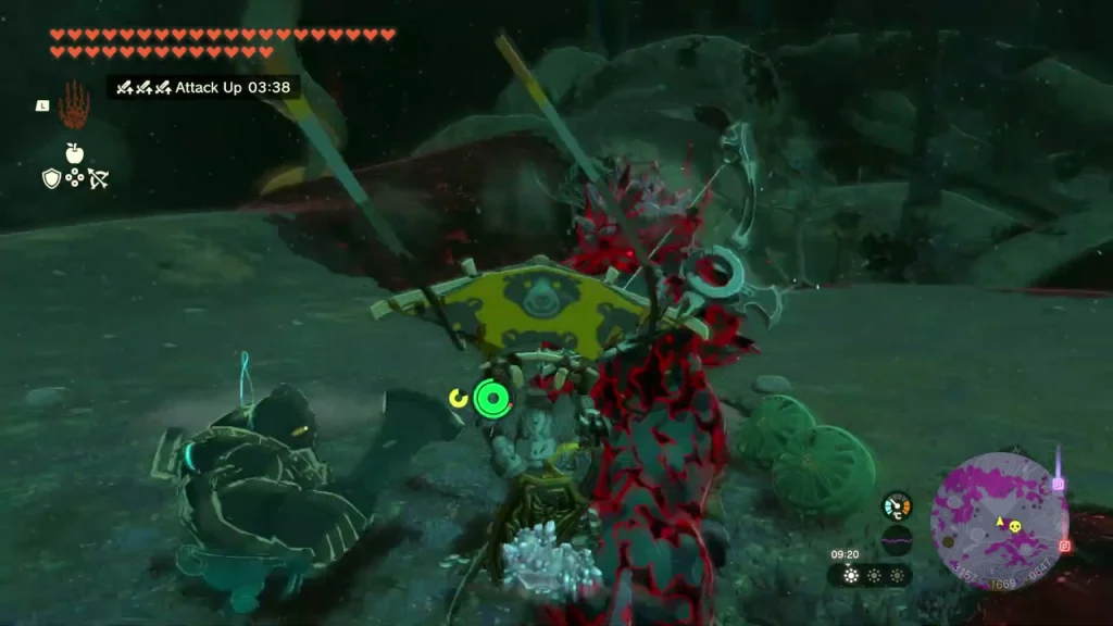 Lynel staggered in red Gloom as a fused Zonai device flies past it Lynel staggered in red Gloom as a fused Zonai device flies past it