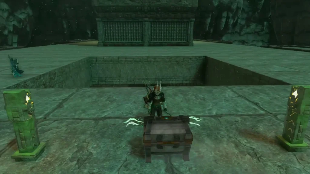 Metal chest on the stone floor of the labyrinth between two green lamp pillars Metal chest on the stone floor of the labyrinth between two green lamp pillars