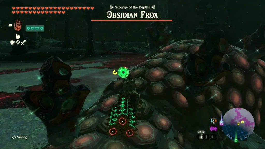 Obsidian Frox shell studded with glowing red orbs seen from its back Obsidian Frox shell studded with glowing red orbs seen from its back