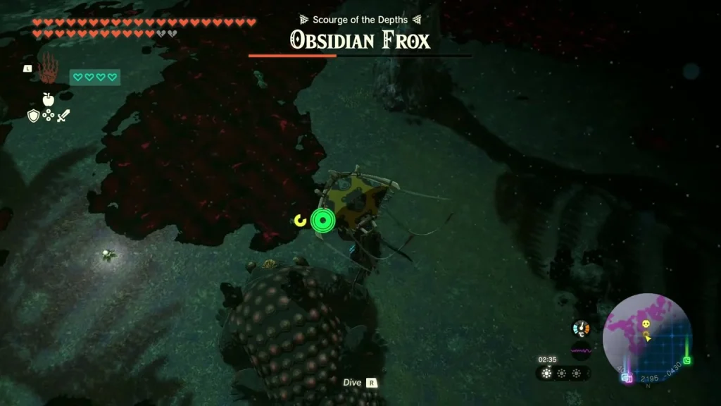 Obsidian Frox rolling over as Link glides above it in the Depths Obsidian Frox rolling over as Link glides above it in the Depths