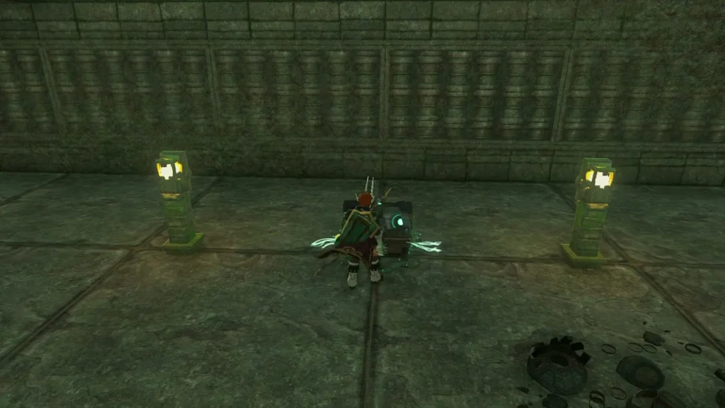 Treasure chest at the far end of a labyrinth hall between two lamp pillars Treasure chest at the far end of a labyrinth hall between two lamp pillars