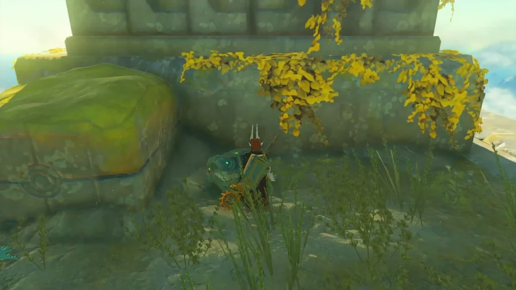 Mossy stone ledge on a sky island with a treasure chest beside the wall Mossy stone ledge on a sky island with a treasure chest beside the wall