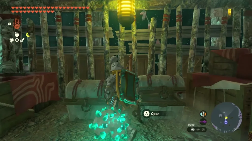 Row of chests inside the Yiga hideout with an open prompt Row of chests inside the Yiga hideout with an open prompt