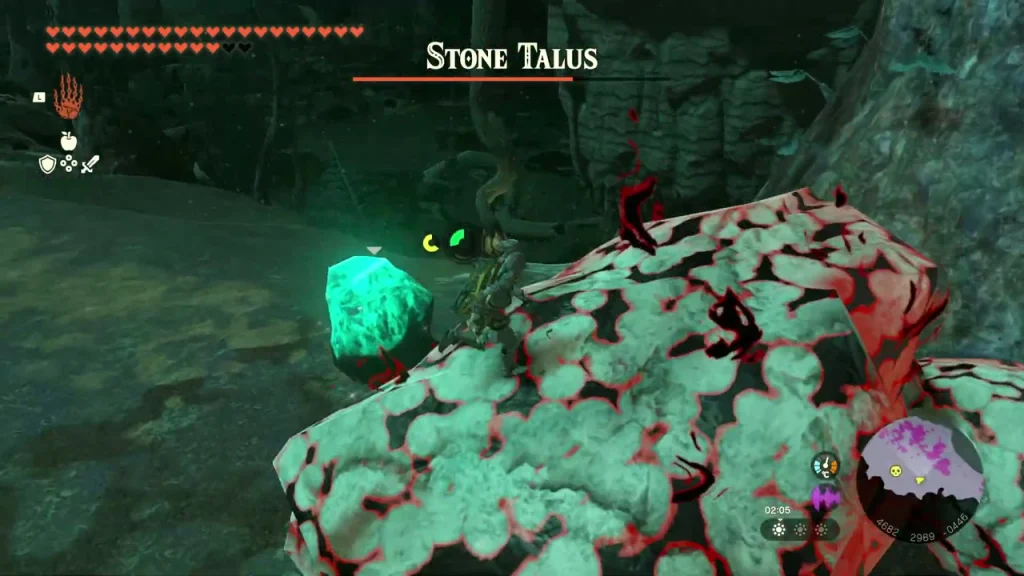 Stone Talus covered in red Gloom with a glowing ore chunk on its side Stone Talus covered in red Gloom with a glowing ore chunk on its side