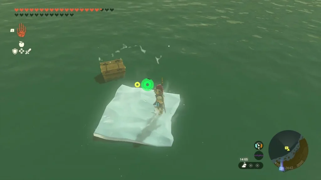 Pale slab floating in the shallows with a chest at its edge Pale slab floating in the shallows with a chest at its edge